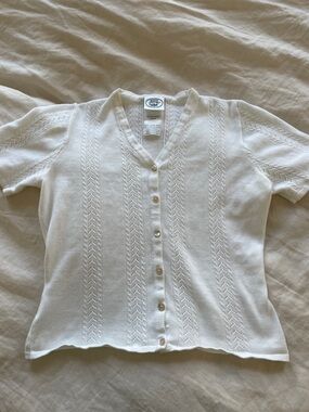 Vintage Laura Ashley White V-Neck Knit Button Cardigan